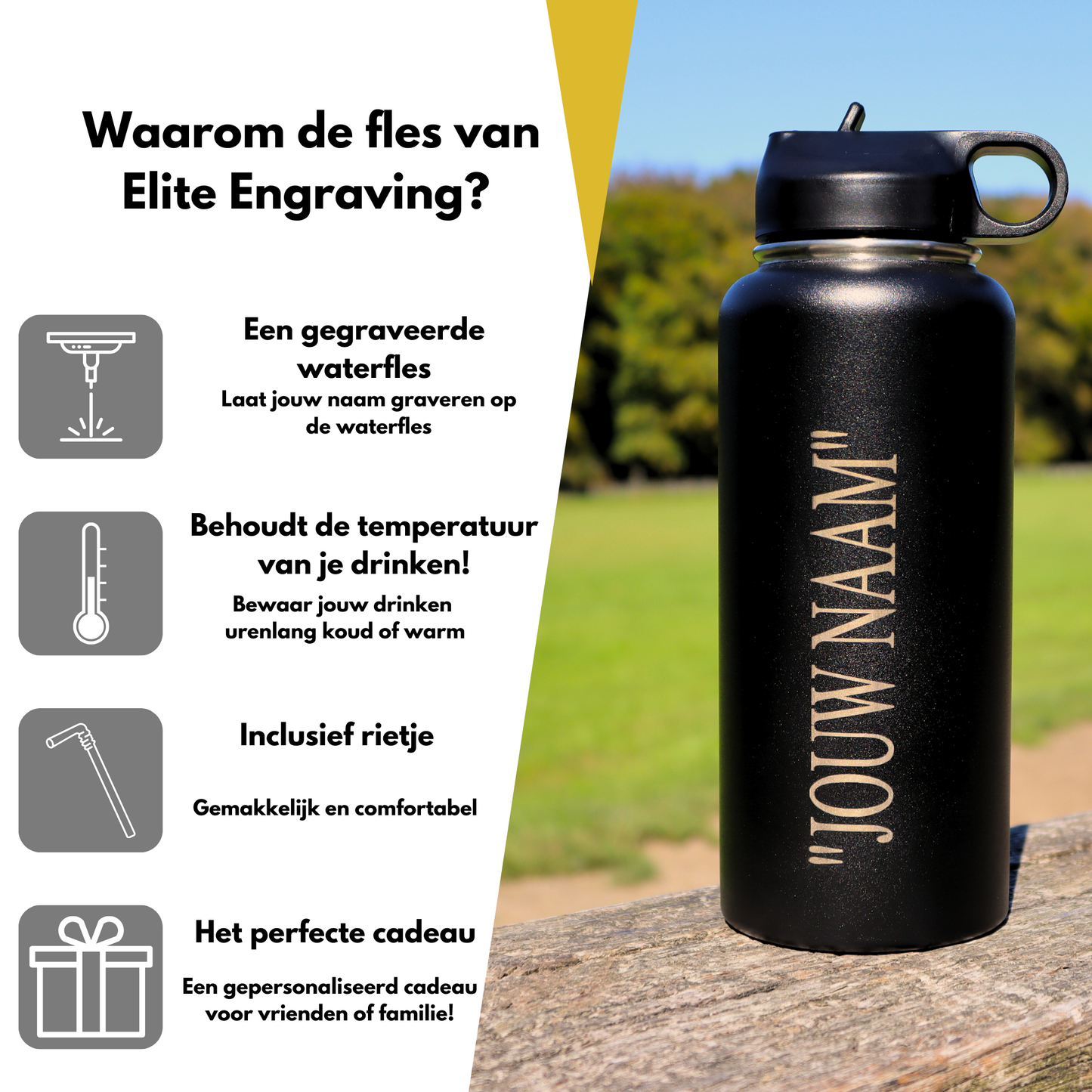 Water Bottle Black 1L - With Straw
