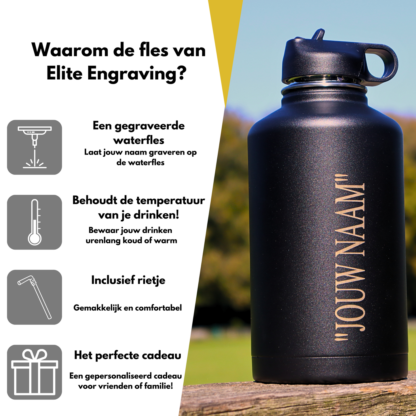 Water Bottle Black 2L - With Straw