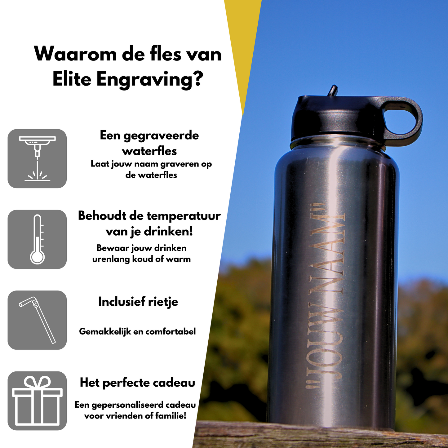 Waterfles Zilver 1L - Met Rietje