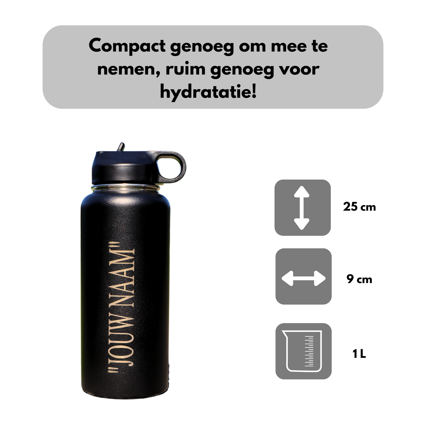 Water Bottle Black 1L - With Straw