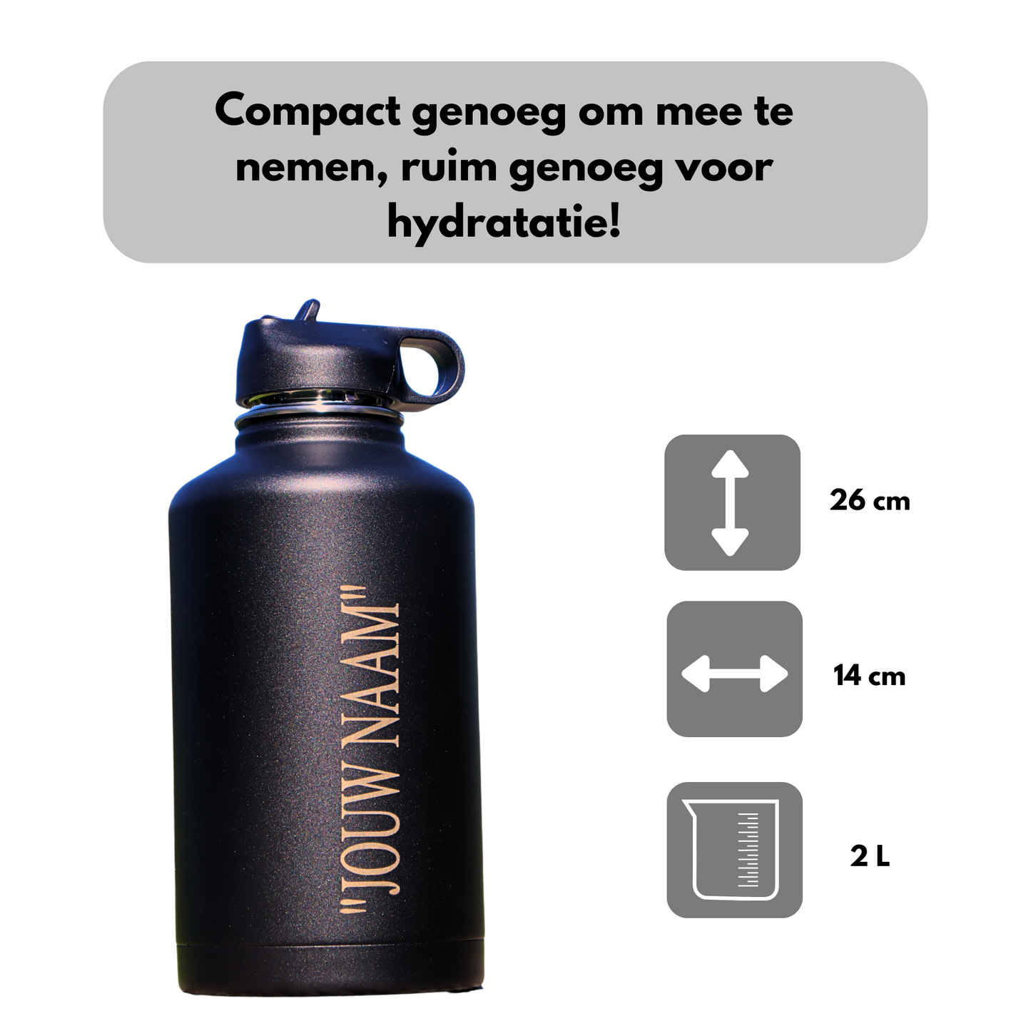 Water Bottle Black 2L - With Straw