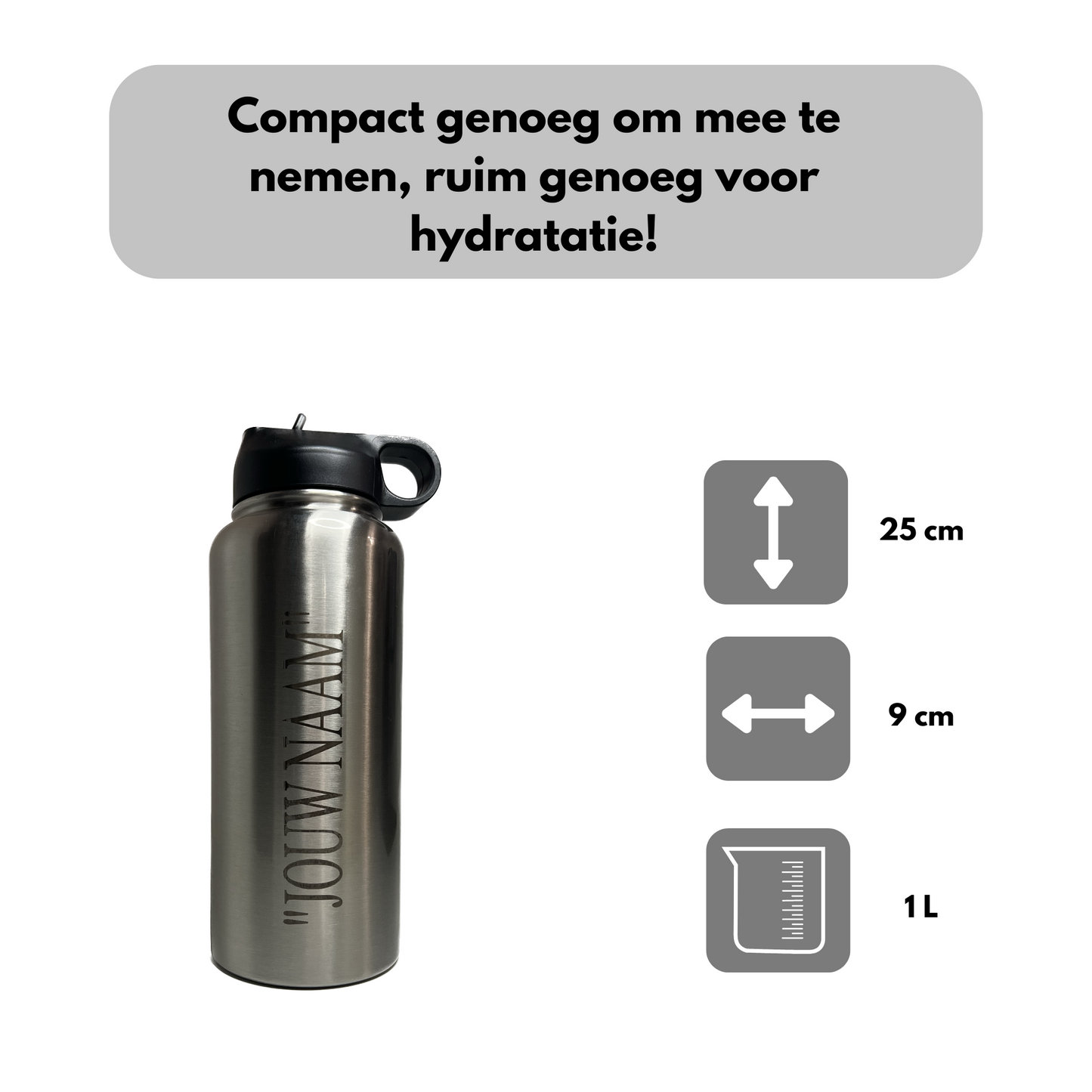Waterfles Zilver 1L - Met Rietje